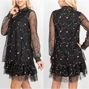 Loveriche Floral Rose Embroidered Mesh Dress‎ Mock Neck Ruffle Hem Black L